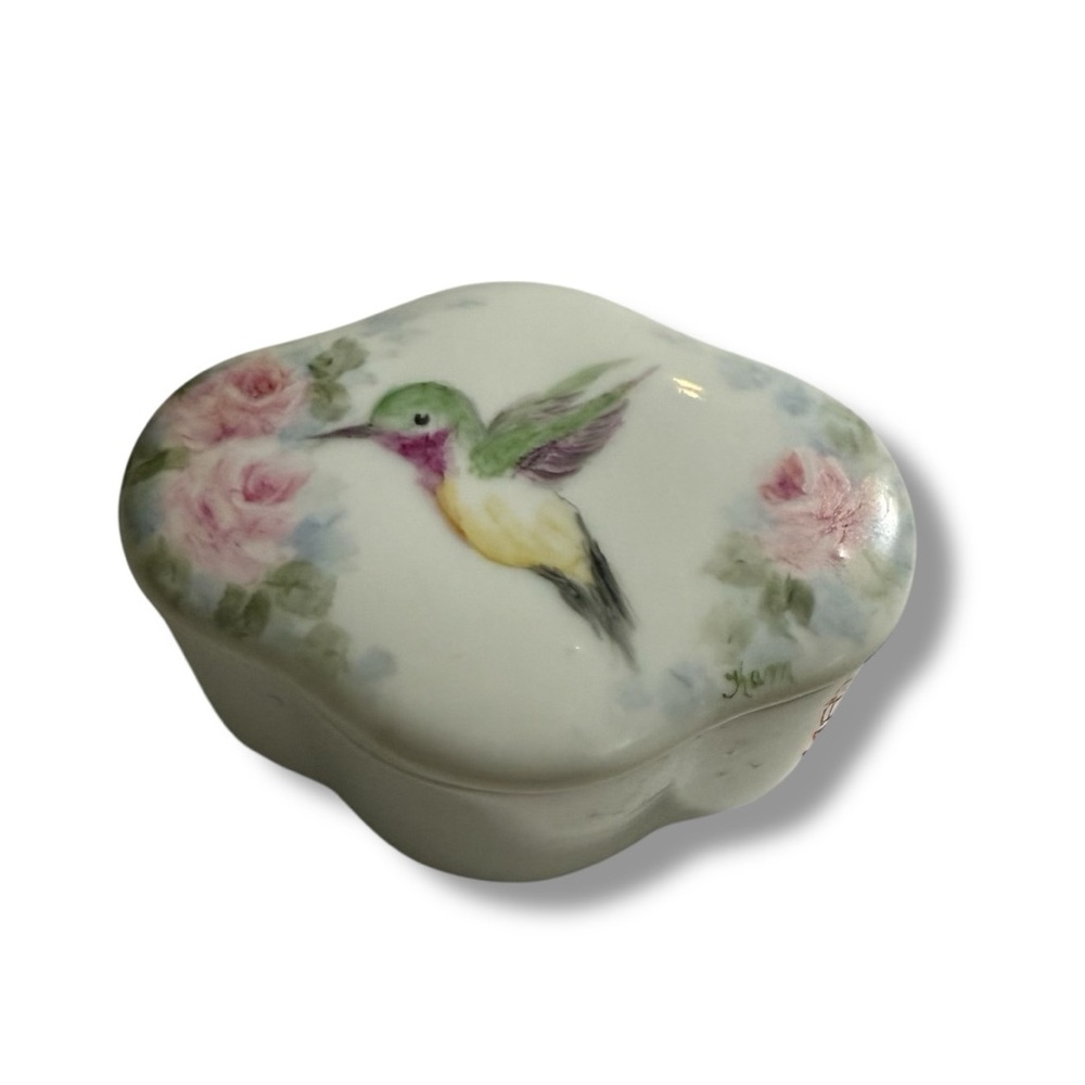 Vintage Limoges Style Hand-Painted Hummingbird Trinket Jewelry Box Porcelain